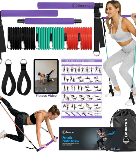 Portable Pilates Bar Kit with Resistance Bands for Men and Women - 3 Set Exercise Resistance Bands - Multifunctional Home Gym - Supports Full-Body Workouts – with Fitness Poster and Video