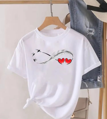 Love Heart Feather Trend Women Fashion Clothing Graphic T-Shirts Clothes Print Female Shirt Short Sleeve Lady Casual Tee