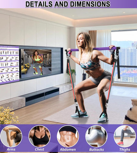 Portable Pilates Bar Kit with Resistance Bands for Men and Women - 3 Set Exercise Resistance Bands - Multifunctional Home Gym - Supports Full-Body Workouts – with Fitness Poster and Video