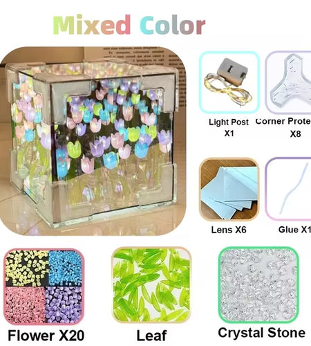 DIY Tulip Mirror Cube Lamp Simulation Flower Bedroom Sleeping Table Lamp Handmade Craft Tulips Mirror Night Light Birthday Gift