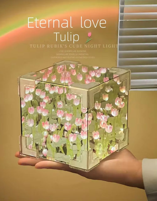 Load image into Gallery viewer, DIY Tulip Mirror Cube Lamp Simulation Flower Bedroom Sleeping Table Lamp Handmade Craft Tulips Mirror Night Light Birthday Gift
